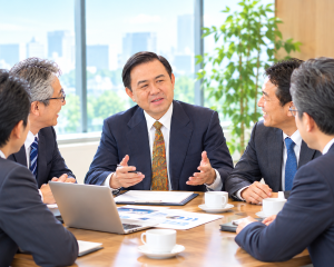 代表者落藤伸夫が社長や幹部と談笑するイラスト